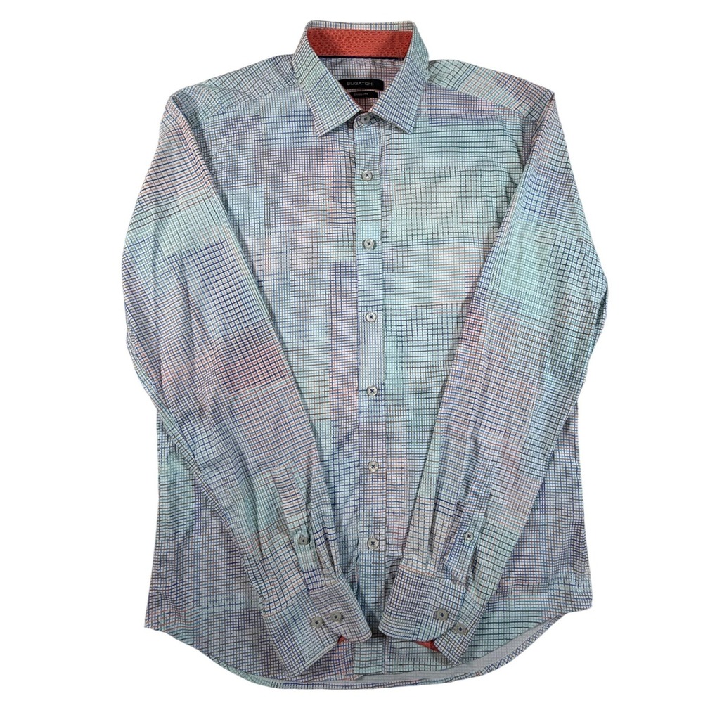 Bugatchi Mens Shaped Fit Long Sleeve Button Down‎ Shirt Multicolor Grid Stretch